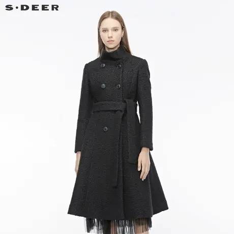 sdeer圣迪奥女冬装休闲高领双排扣抽绳收腰黑色毛呢大衣S19481853图片
