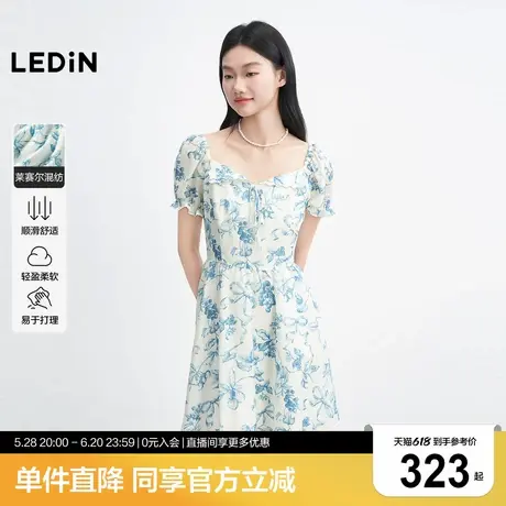 乐町插画师图案刺绣波浪边翻领连衣裙女2025年夏季新款泡泡袖裙子图片