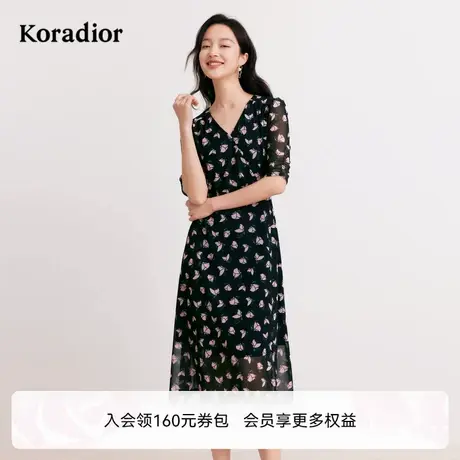 珂莱蒂尔早秋时尚优雅碎花V领七分袖A字连衣裙中长款女图片