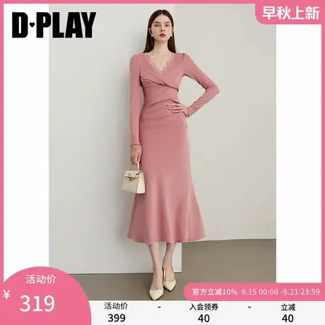 DPLAY2025年秋季新款粉色连衣裙女法式蕾丝拼接设计修身裙子长裙图片