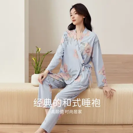 顶瓜瓜春秋纯棉睡衣女士甜美印花睡袍薄款长袖长裤家居服套装图片