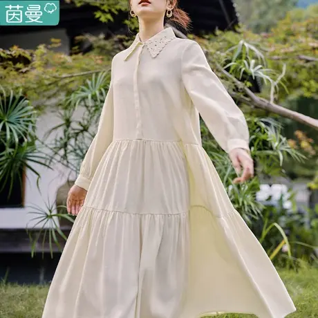 茵曼娃娃领宽松连衣裙女2024年春季新款文艺拼接小个子中长款裙子图片