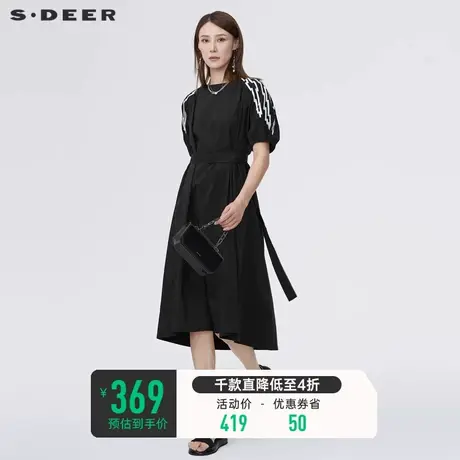sdeer圣迪奥泡泡袖连衣裙夏装撞色印花收腰长裙S22281249图片