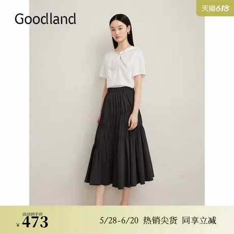 Goodland美地夏季不规则拼接收褶开衩A字半身裙图片
