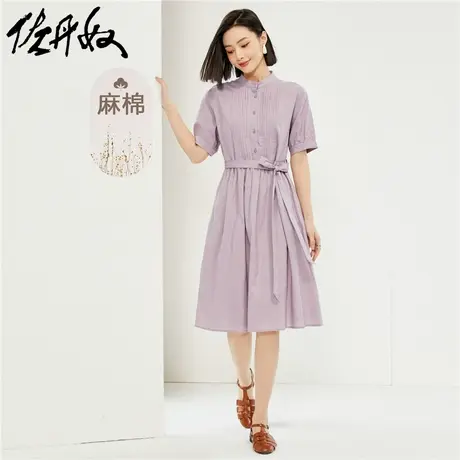 佐丹奴裙子女装天然麻棉梭织压褶绑带小立领连衣裙 13464202图片