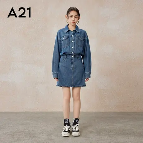 A21女装翻领小落肩长袖直筒牛仔连衣裙春夏季连体套装外套女生潮图片
