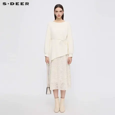sdeer圣迪奥女装25年新品优雅圆领收腰绣花拼接连衣裙S253Z1249图片