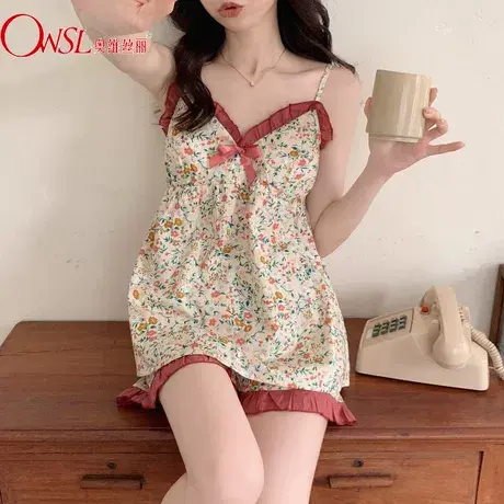 吊带带胸垫睡衣女夏天宽松大码复古碎花可外穿家居服套装图片