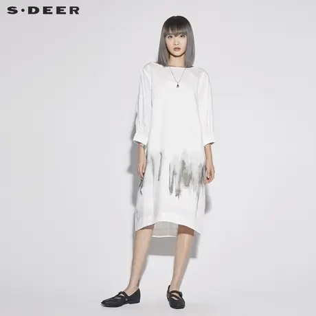 sdeer圣迪奥素雅圆领飘带水墨抽象印花连衣裙S18281284图片