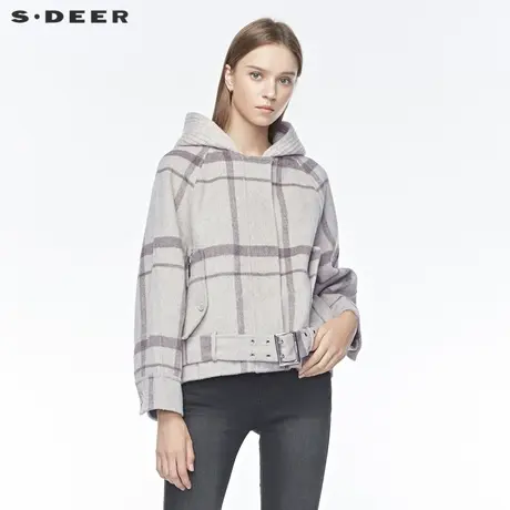 sdeer圣迪奥冬季女装休闲连帽格纹收腰拼接羊毛短外套S19482205商品大图