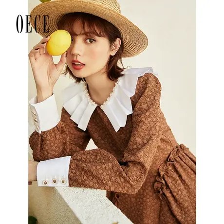Oece复古撞色连衣裙2023春季新款女装气质提花减龄裙子设计感小众图片