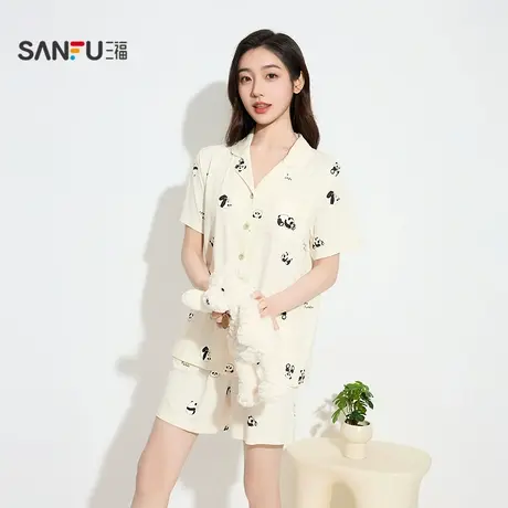 三福女秋季竹浆纤维开扣套装 简约熊猫图案宽松家居服女503371图片