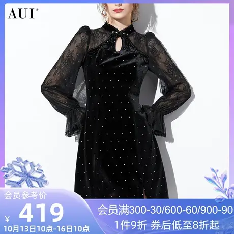 AUI黑色新中式旗袍改良连衣裙女2023秋冬新款气质蕾丝泡泡袖裙子图片