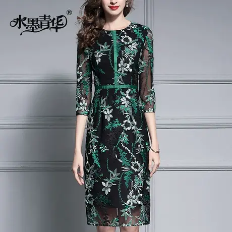 【1件7.9折】冬季新品女装简约修身时尚七分袖网纱绣花连衣裙图片