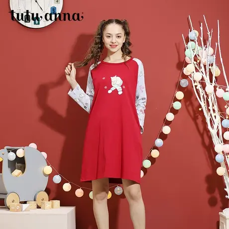 tutuanna睡裙女 春秋薄款长袖 棉质圆领套头宽松舒适睡衣家居服图片