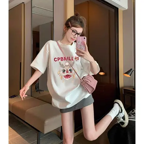 白色正肩短袖t恤女新款夏季胖mm大码宽松休闲遮肚欧货上衣2-300斤图片