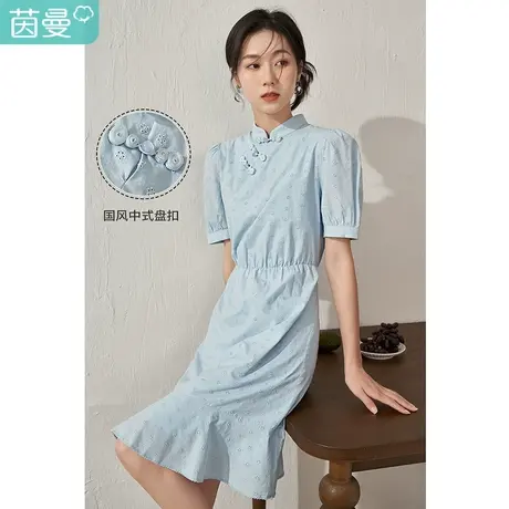 茵曼国潮气质连衣裙女2023夏季新款显瘦提花中式盘扣宽松荷叶伞裙图片