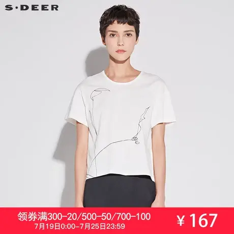 sdeer圣迪奥2019夏装女装趣味简笔线条宽松圆领T恤上衣S17280108图片