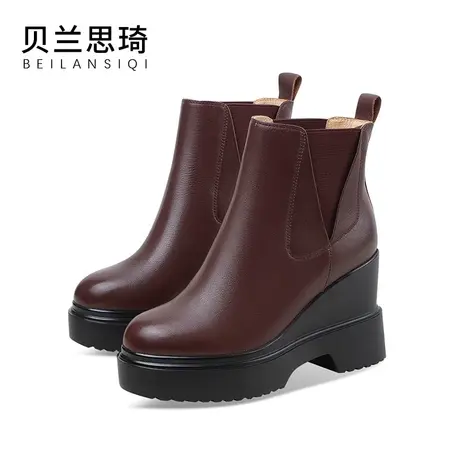 真皮舒适圆头厚底坡跟短靴女2023秋冬季新款加绒防水台高跟马丁靴商品大图