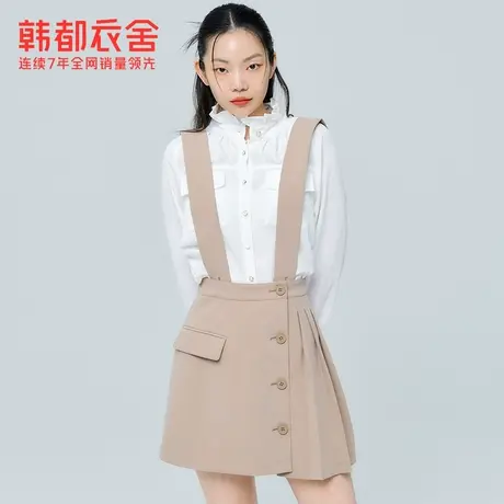 韩都衣舍卡其色背带裙夏装新款女装气质高腰不对称A字半身裙图片