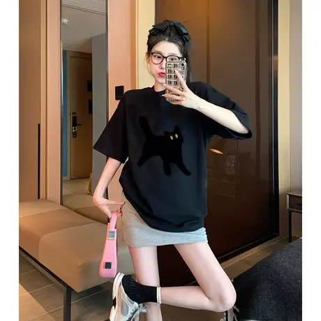 大码胖mm黑色短袖t恤女夏季宽松休闲百搭显瘦半袖上衣ins潮300斤图片