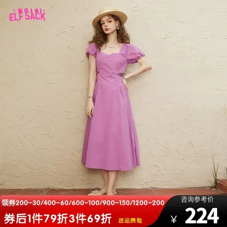 妖精的口袋泡泡袖方领连衣裙女2023夏季新款收腰a字休闲显瘦裙子图片