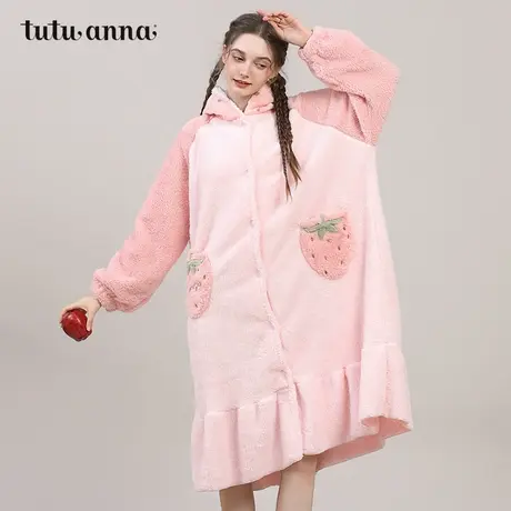 tutuanna秋冬珊瑚绒女士睡衣公主风羊羔绒连帽保暖长款睡袍家居服图片