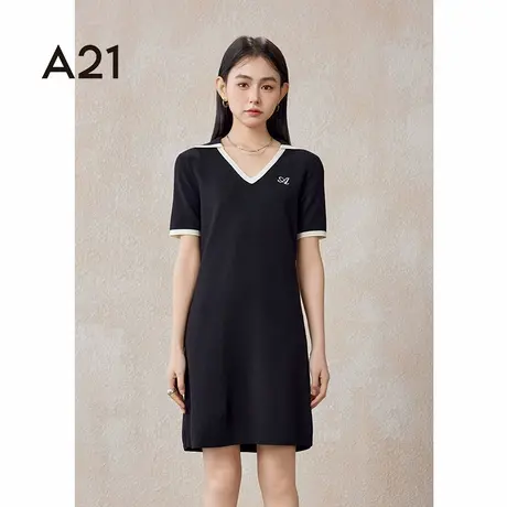A21女装翻领短袖A摆毛织连衣裙夏季中式学院风简约时尚拼色小黑裙图片