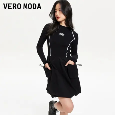 Vero Moda奥莱连衣裙春秋新款休闲修身针织小立领拼接花苞裙子图片