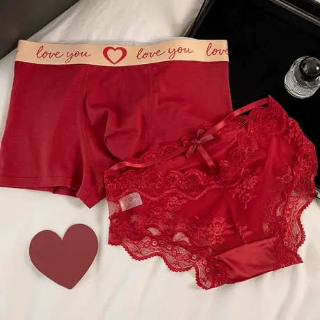 红运简心~情侣内裤本命年一男一女喜庆结婚蕾丝红色三角裤平角裤商品大图