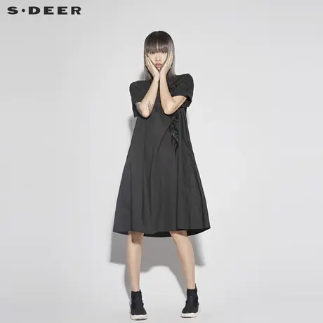 sdeer圣迪奥2019新款酷感中性翻领胶印大摆衬衫连衣裙S18281291图片