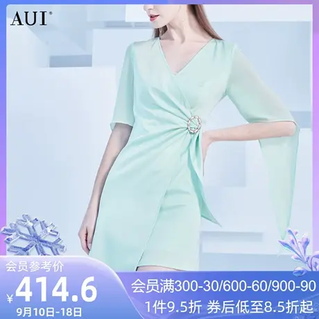 AUI绿色名媛气质雪纺连衣裙女2022夏季新款高级感小个子不规则裙图片