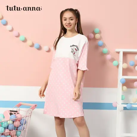 tutuanna睡裙女春季全棉卡通Hellokitty波点女士睡袍圆领睡衣图片