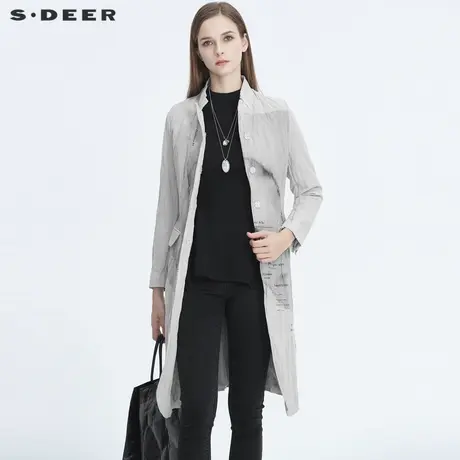 sdeer圣迪奥秋女装休闲平驳领撞色印花肌理中长款风衣S19381858图片