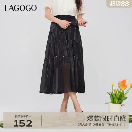 LAGOGO仙气黑色半身裙女拉谷谷夏季新款欧根纱高腰内衬百搭A字裙图片