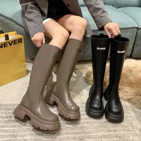 长筒靴女2023年春秋季新款网红复古显瘦高筒靴粗跟厚底百搭骑士靴图片