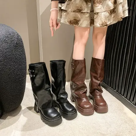 长筒靴女2023年春秋季新款复古英伦风显瘦西部牛仔靴粗跟堆堆短靴商品大图