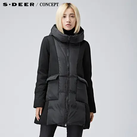 【冬装新品】sdeer圣迪奥女装极简廓形拼接纯黑羽绒服S16482461商品大图