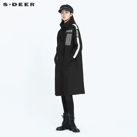 sdeer圣迪奥女装春秋装松紧袖口立领收腰长款风衣外套女S20181816图片