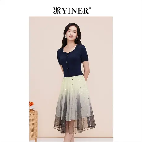 YINER音儿线上专选女装2023夏季法式渐变网纱方领收腰连衣裙图片