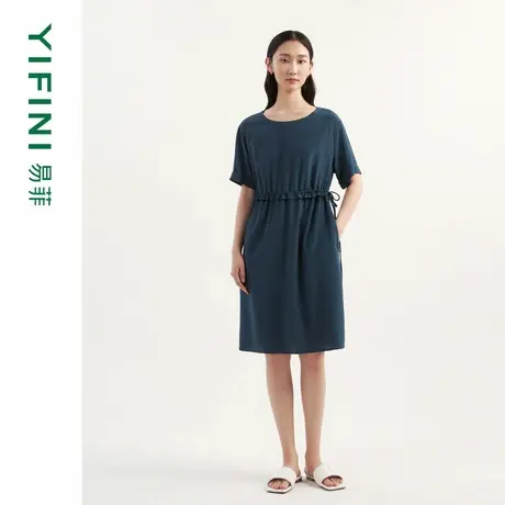 Yifini/易菲100%桑蚕丝宽松系带收腰中长款气质短袖连衣裙女夏新图片