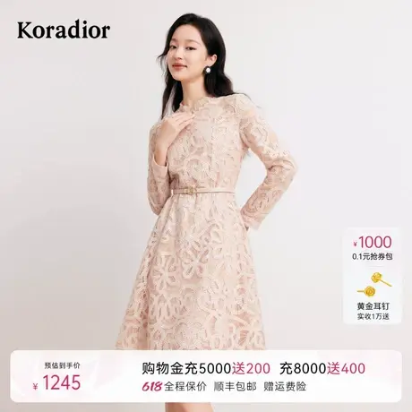 珂莱蒂尔春季优雅法式蕾丝长袖连衣裙女气质收腰中长裙图片