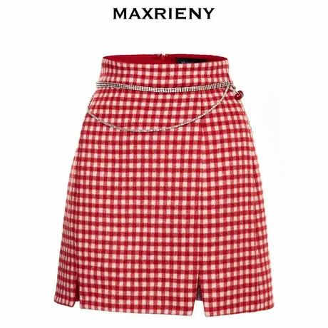 【奥莱】MAXRIENY红白格纹半裙秋冬复古高腰半身裙图片
