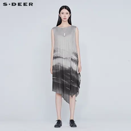 sdeer圣迪奥夏装女水墨褶皱肌理无袖不规则雪纺连衣裙S20281258图片