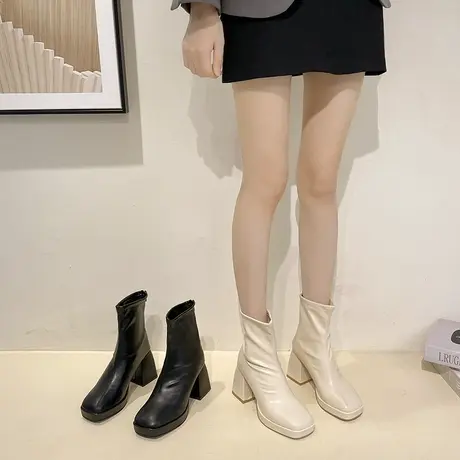 防水台高跟短靴女2024年秋冬新款小个子白色显瘦方头粗跟瘦瘦靴子商品大图