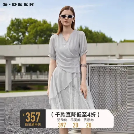 sdeer圣迪奥女装V领雪纺蕾丝拼接短袖连衣裙S232Z12W7图片
