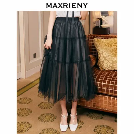 【奥莱】MAXRIENY复古蓬蓬裙秋季半身裙小黑裙过膝裙子图片
