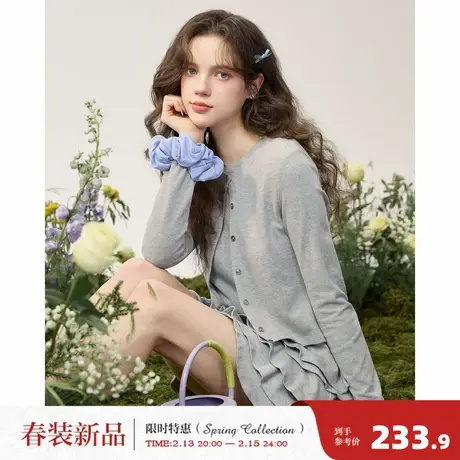 唐狮2026春季新款女假两件长袖连衣裙灰色蓬蓬蛋糕裙设计感甜美系图片