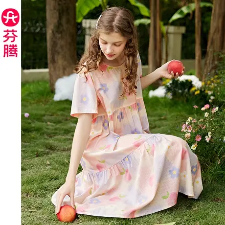 芬腾睡裙女梭织棉质夏季短袖薄款透气中长裙宽松可外穿家居服睡衣图片