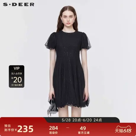 S·DEER圣迪奥女装圆领网纱拼接黑色短袖连衣裙S222Z12F4图片